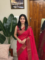 ALICE DEEP PINK:PREMIUM LINEN JUTE SAREE - aurimo.inALICE DEEP PINK:PREMIUM LINEN JUTE SAREE