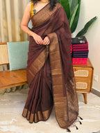 BHAMA BROWN:PREMIUM LINEN JUTE SAREE - aurimo.inBHAMA BROWN:PREMIUM LINEN JUTE SAREE