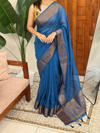 BHAMA PEACOCK BLUE:PREMIUM LINEN JUTE SAREE - aurimo.inBHAMA PEACOCK BLUE:PREMIUM LINEN JUTE SAREE