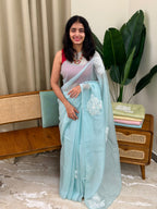 EVA PASTEL BLUE:PREMIUM CRUSHED ORGANZA SAREE - aurimo.inEVA PASTEL BLUE:PREMIUM CRUSHED ORGANZA SAREE