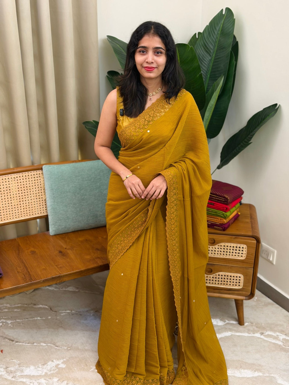 HANSIKA YELLOW: PREMIUM CRUSHED CREPE SAREE - aurimo.inHANSIKA YELLOW: PREMIUM CRUSHED CREPE SAREE
