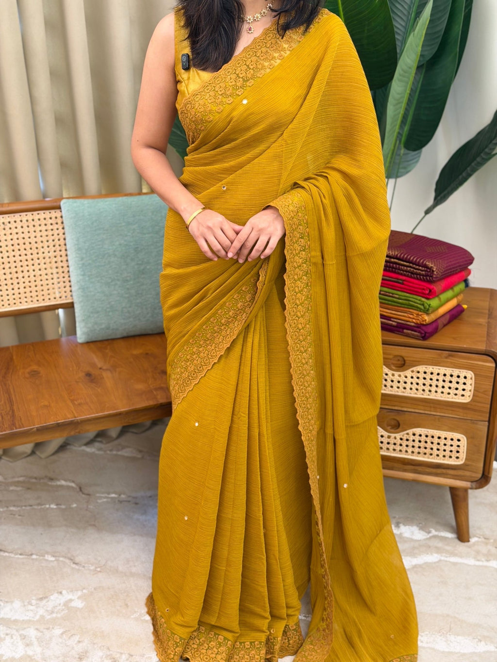 HANSIKA YELLOW: PREMIUM CRUSHED CREPE SAREE - aurimo.inHANSIKA YELLOW: PREMIUM CRUSHED CREPE SAREE