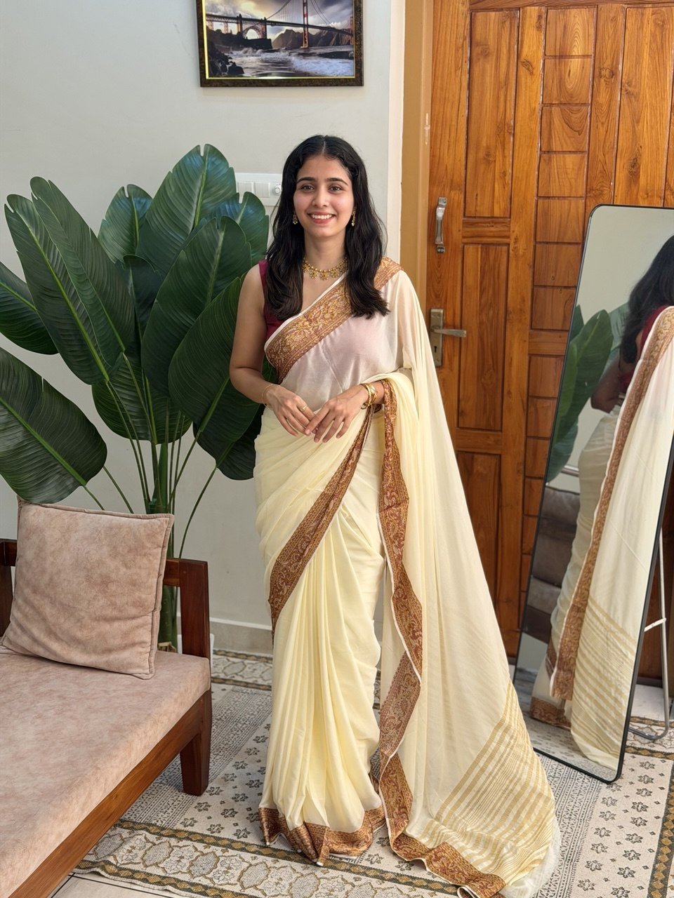 KANI CREAM: SEMI CHIFFON CREPE SILK SAREE - aurimo.inKANI CREAM: SEMI CHIFFON CREPE SILK SAREE