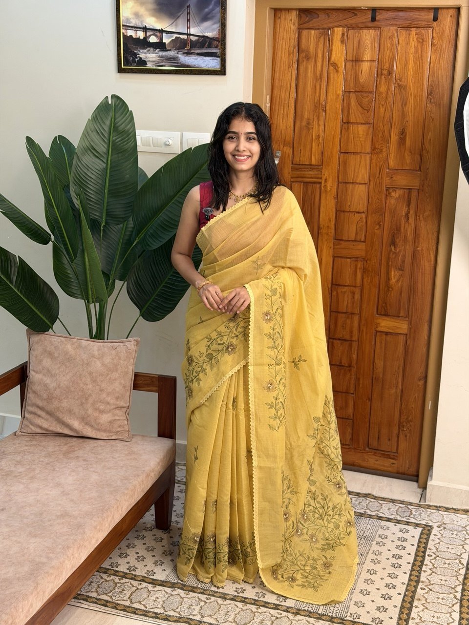 MALAR NEW YELLOW:CHANDERI COTTON SAREE - aurimo.inMALAR NEW YELLOW:CHANDERI COTTON SAREE
