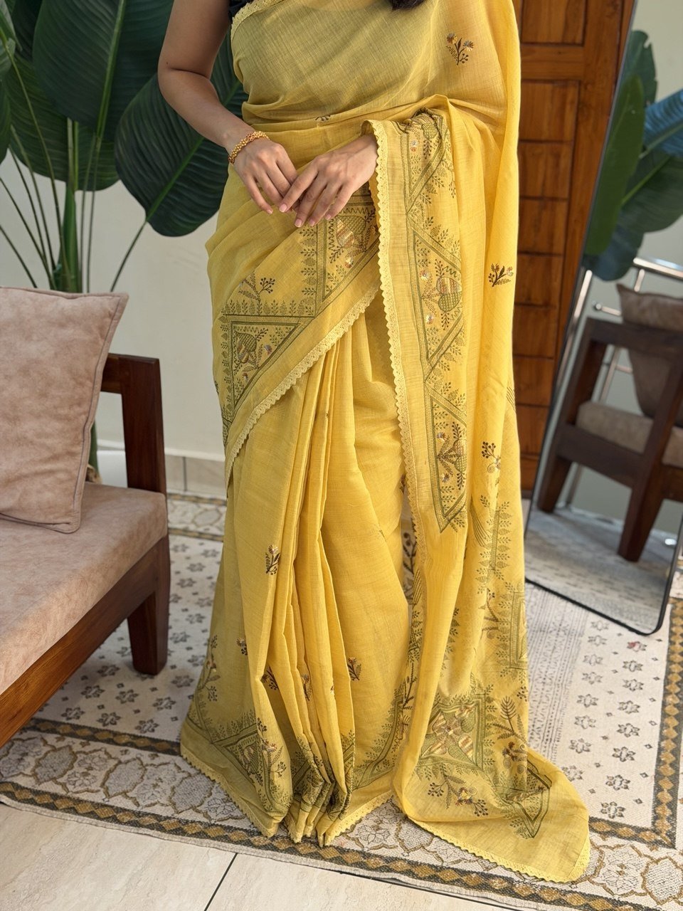 MALAR YELLOW:CHANDERI COTTON SAREE - aurimo.inMALAR YELLOW:CHANDERI COTTON SAREE