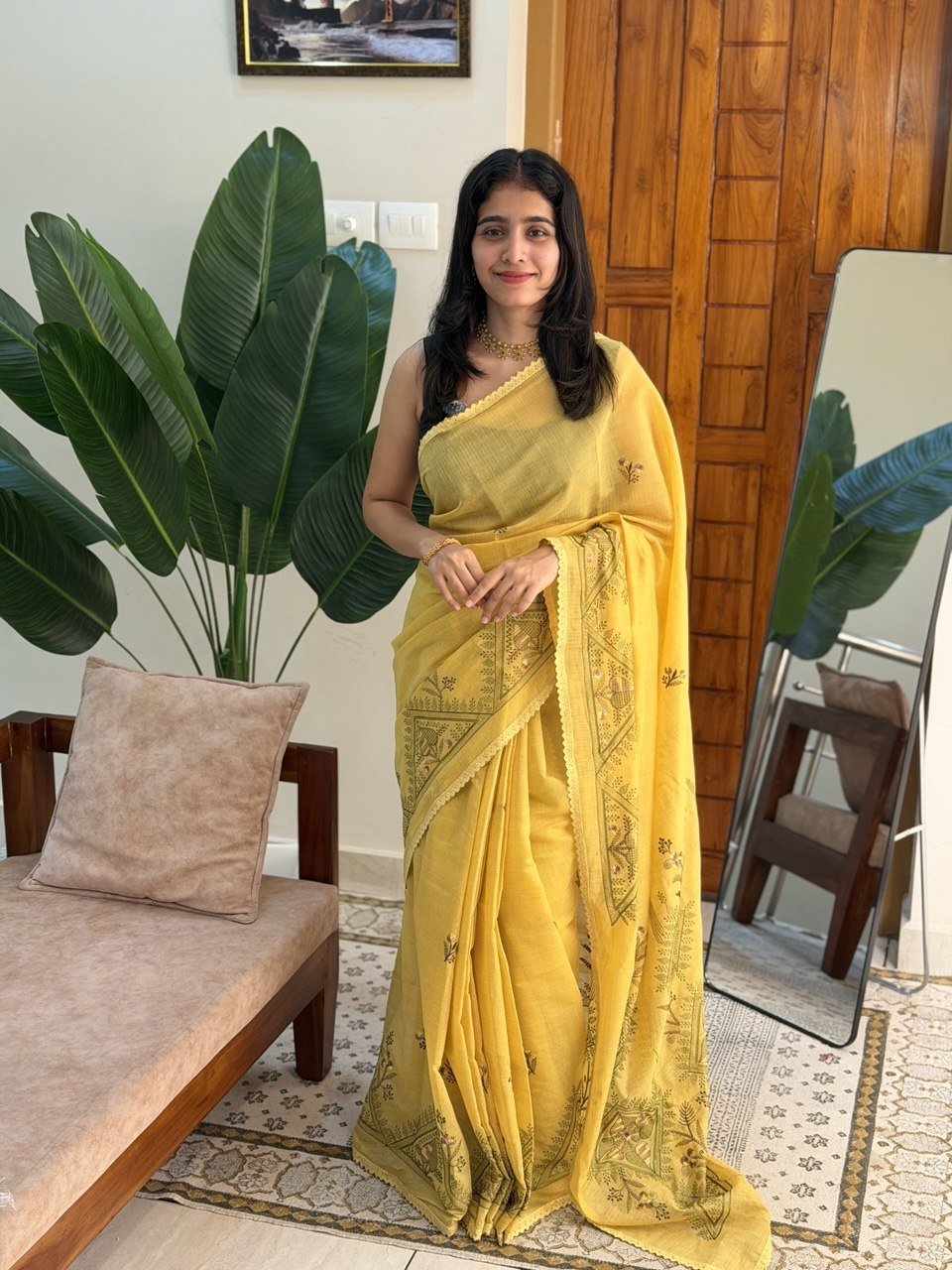 MALAR YELLOW:CHANDERI COTTON SAREE - aurimo.inMALAR YELLOW:CHANDERI COTTON SAREE
