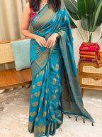 MEENAKSHI PEACOCK GREEN:SEMI BANARASI SAREE - aurimo.inMEENAKSHI PEACOCK GREEN:SEMI BANARASI SAREE