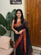MENAKA BLACK AND RED :PREMIUM LINEN JUTE SAREE - aurimo.inMENAKA BLACK AND RED :PREMIUM LINEN JUTE SAREE