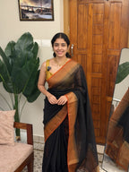 MENAKA BLACK AND YELLOW:PREMIUM LINEN JUTE SAREE - aurimo.inMENAKA BLACK AND YELLOW:PREMIUM LINEN JUTE SAREE