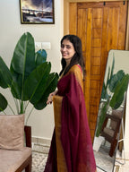 MENAKA WINE MAROON AND YELLOW:PREMIUM LINEN JUTE SAREE - aurimo.inMENAKA WINE MAROON AND YELLOW:PREMIUM LINEN JUTE SAREE