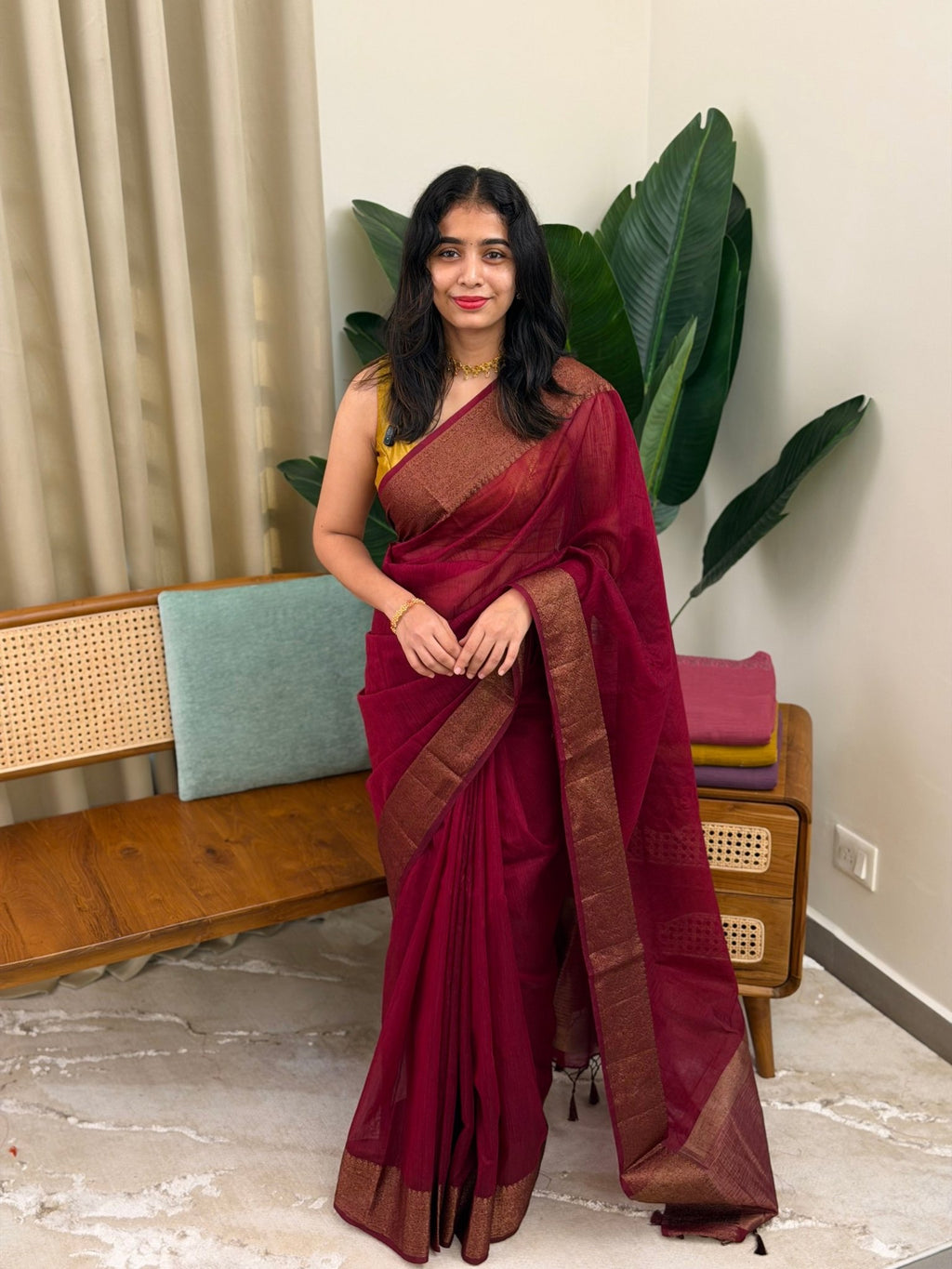NAYAN:PREMIUM LINEN JUTE SAREE MAROON - aurimo.inNAYAN:PREMIUM LINEN JUTE SAREE MAROON