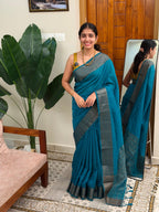 NILA PEACOCK GREEN:PREMIUM LINEN JUTE SAREE - aurimo.inNILA PEACOCK GREEN:PREMIUM LINEN JUTE SAREE
