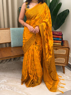 PANCHAMI YELLOW:SEMI BANARASI SAREE - aurimo.inPANCHAMI YELLOW:SEMI BANARASI SAREE