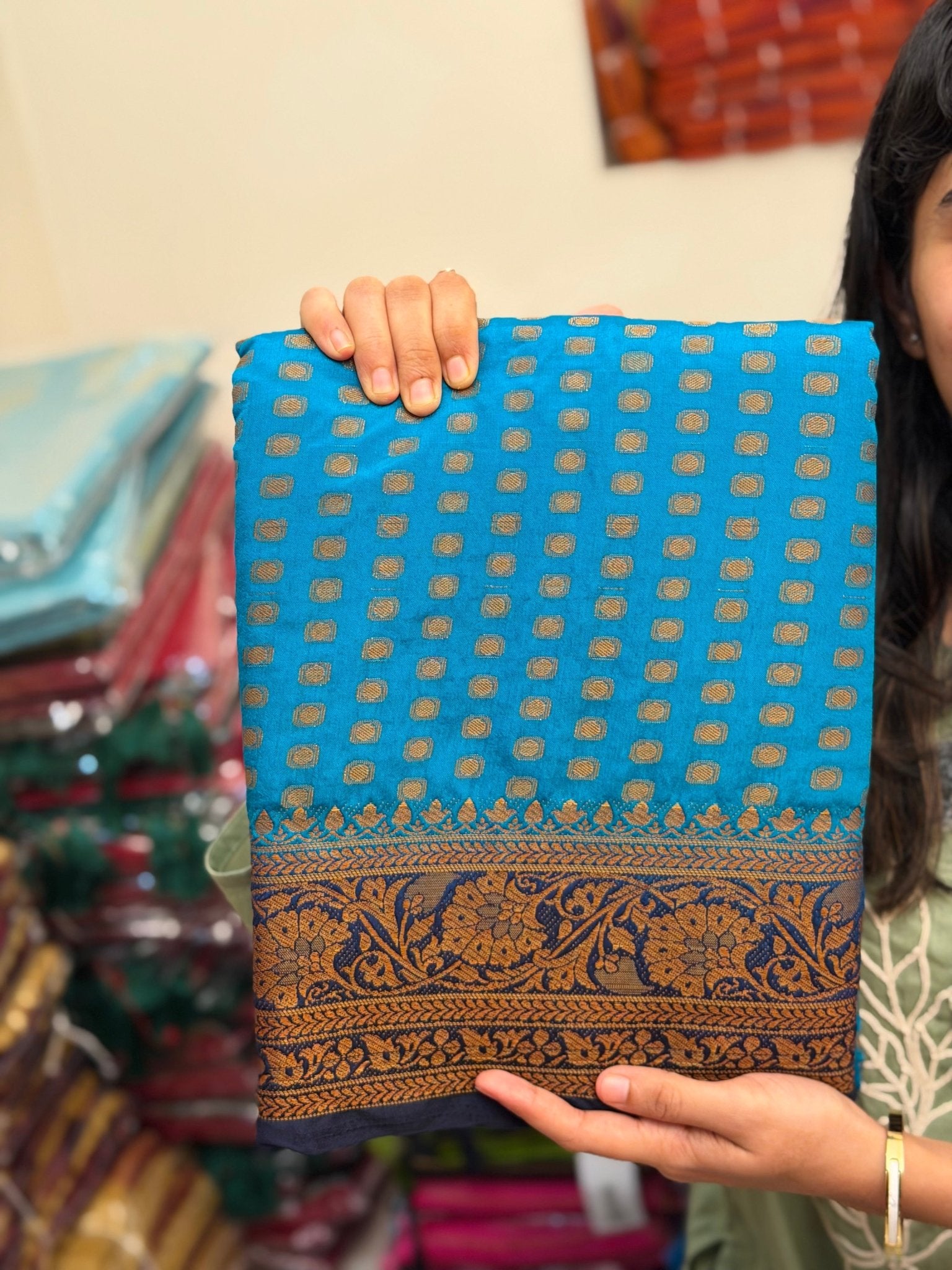 POOJA BLUE:SEMI BANARASI SAREE - aurimo.inPOOJA BLUE:SEMI BANARASI SAREE