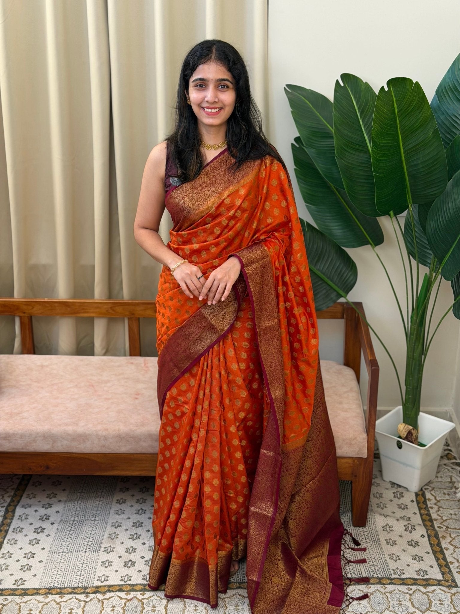 RIYA:SEMI BANARASI SAREE ORANGE AND BROWN MAROON - aurimo.inRIYA:SEMI BANARASI SAREE ORANGE AND BROWN MAROON