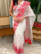 TESSA WHITE AND RED:PREMIUM ORGANZA SAREE - aurimo.inTESSA WHITE AND RED:PREMIUM ORGANZA SAREE