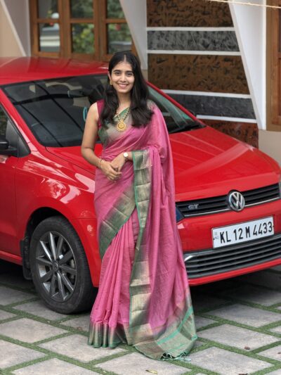 MALINI:LINEN JUTE SAREE PASTEL PINK