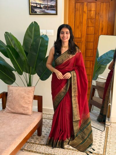 CHANDANA:LINEN JUTE SAREE MAROON AND GREEN