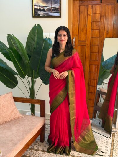 KEERTHI :PREMIUM  LINEN JUTE SAREE PINK AND GREEN