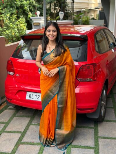 BHAVANA:PREMIUM LINEN JUTE SAREE YELLOW AND PEACOCK BLUE