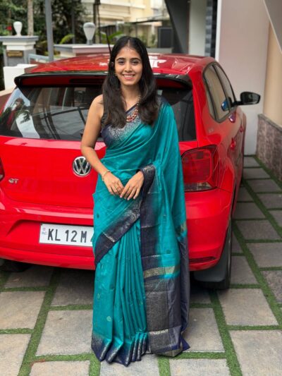 NANDA:SEMI LINEN JUTE SILK SAREE TEAL GREEN