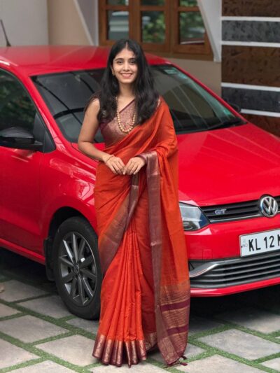 RANI:SEMI LINEN JUTE SAREE ORANGE