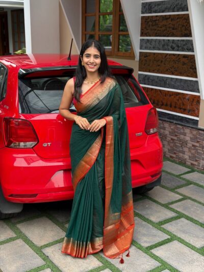 DEVI:LINEN JUTE SAREE BOTTLE GREEN