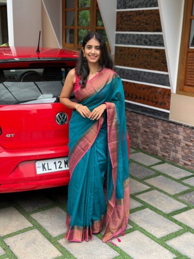 LIYA:PREMIUM LINEN JUTE SAREE PEACOCK BLU