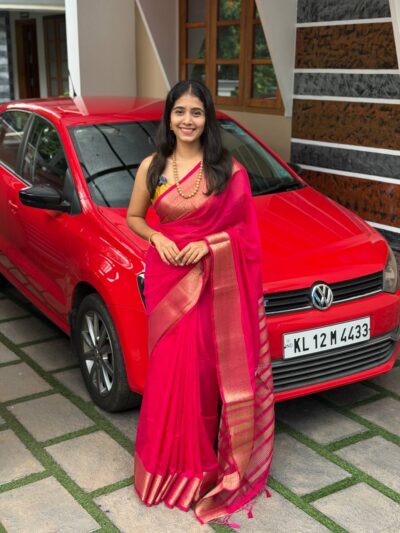 MEENA:LINEN JUTE SAREE RANI PINK