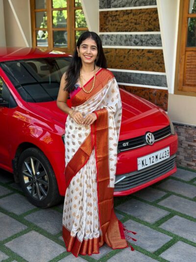 AHANA:SEMI BANARASI SAREE WHITE AND RED