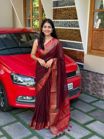SARA:LINEN JUTE SAREE WINE BROWN