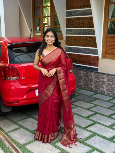 THULASI:PREMIUM LINEN JUTE SAREE REDDISH MAROON