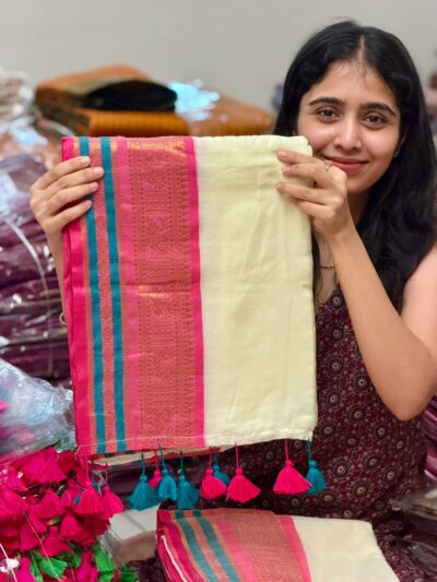 HEMA PINK :PREMIUM MUL COTTON SAREE MULTI TASSEL