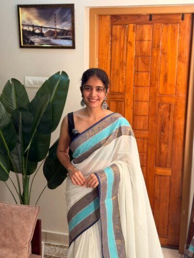 HEMABLUE:MUL COTTON SAREE BLUE TUSSEL