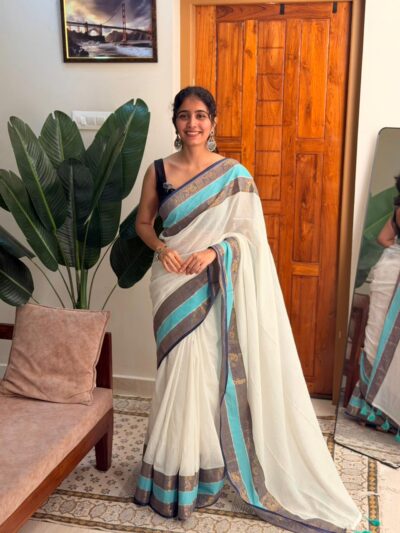 HEMABLUE:MUL COTTON SAREE GREEN TUSSEL
