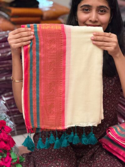 HEMA PINK:PREMIUM MUL COTTON SAREE TEAL TASSEL