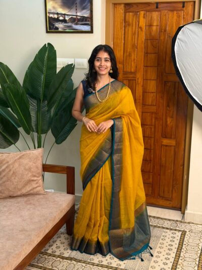 REVATHY:PREMIUM LINEN JUTE SAREE YELLOW