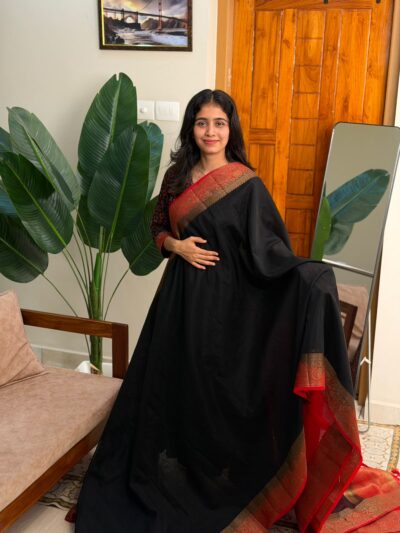 MENAKA;PREMIUM LINEN JUTE SAREE RED AND BLACK