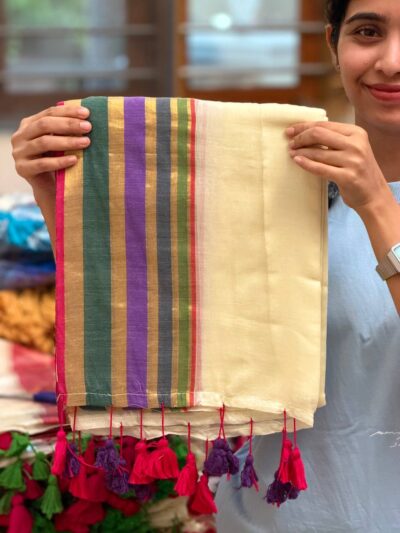 JYOTHIKA:MUL COTTON SAREE GREEN BOARDER PINK TUSSEL